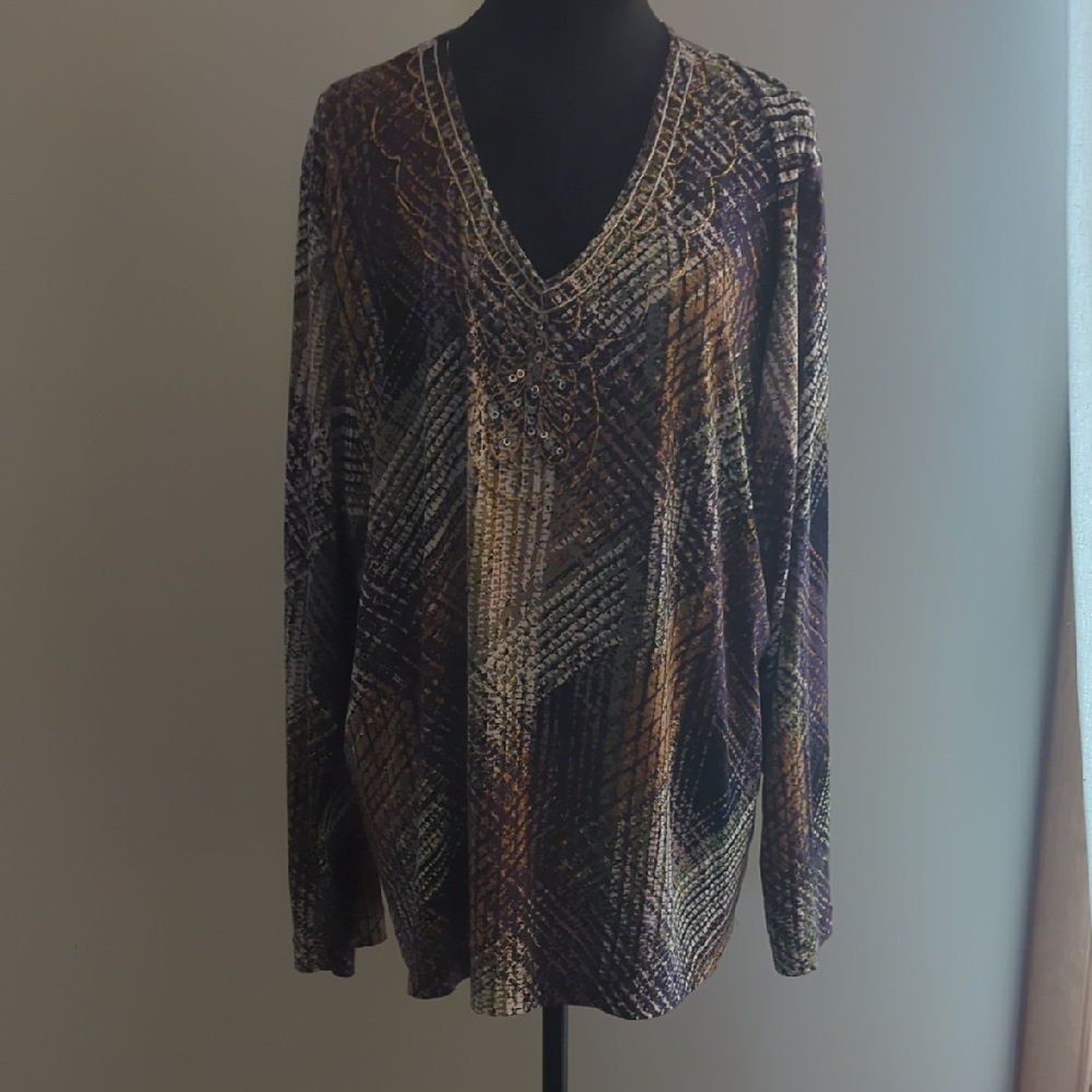 Dana Buchman Purple and Gold Patterned Long Sleeve Top